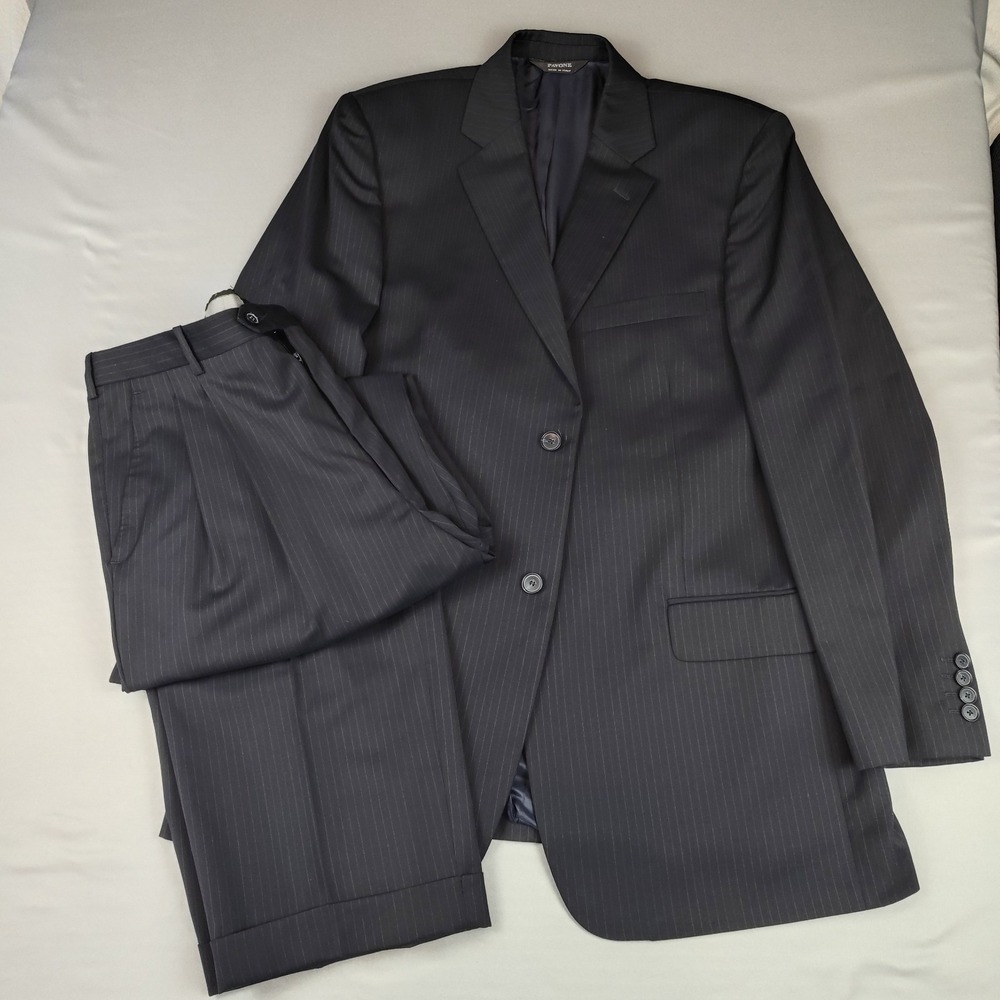Pavone Suit Men 42L 38x31 Super 110s Zignone Wool Black Pinstripe 2 Piece Italy